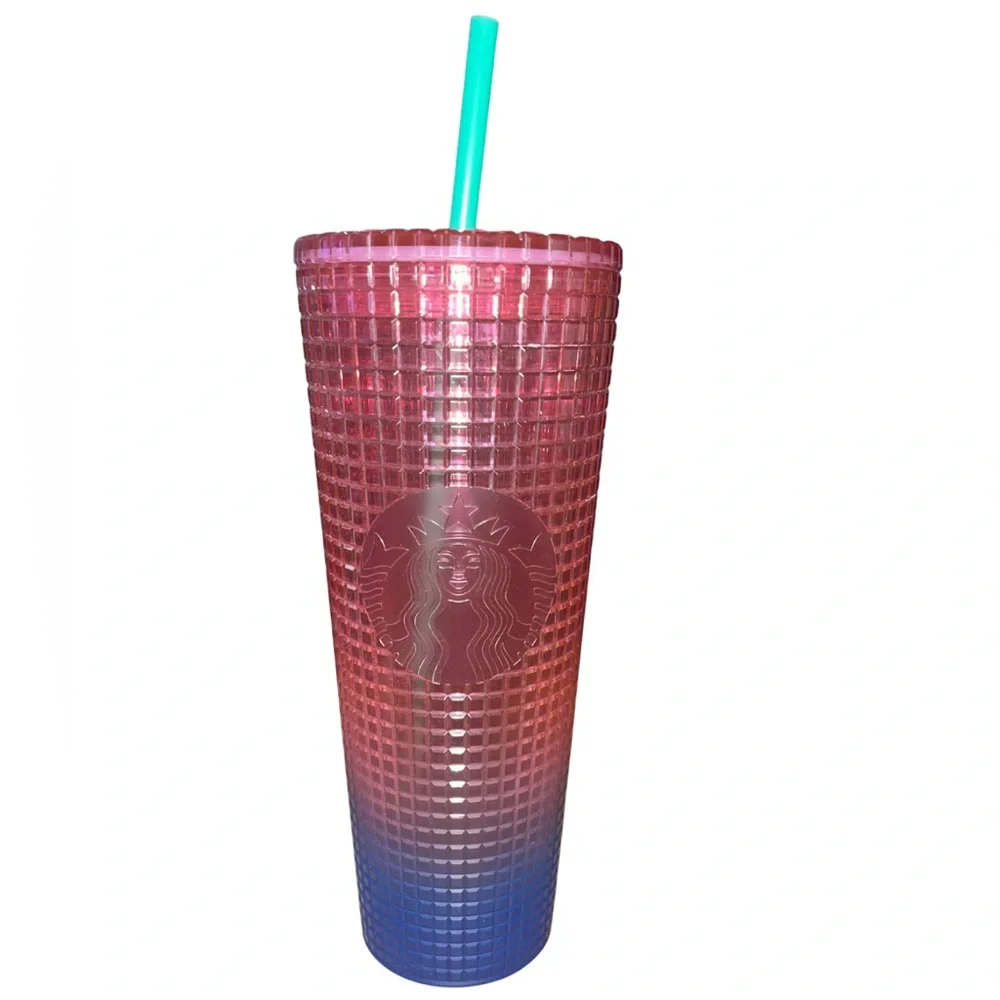 NWT Starbucks Venti Pink Blue Gradient Grid Tumbler Cold Cup 24oz